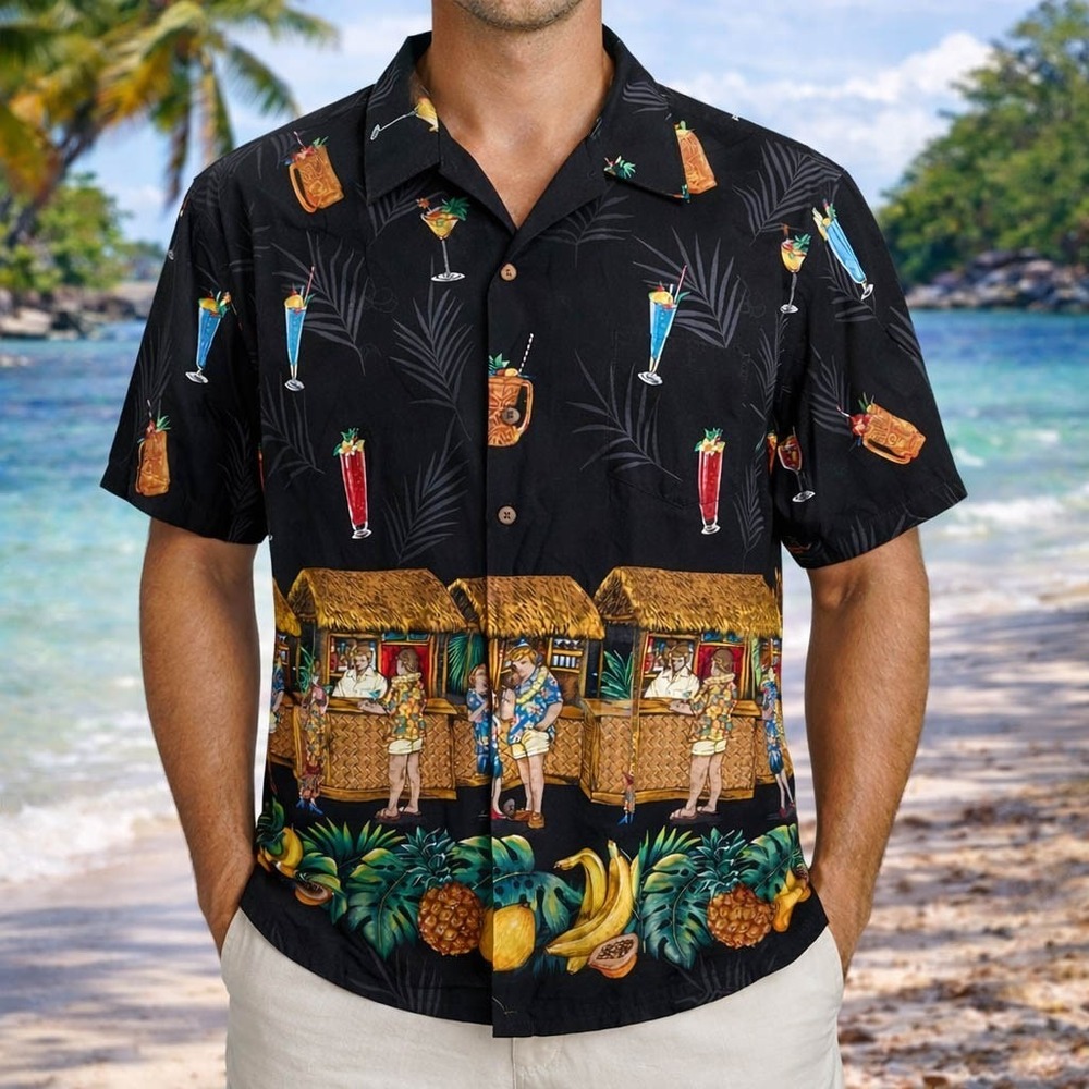 Kad Creations Hawaiian Aloha Shirt 3XL Bartender Huts Beach Cocktails Fruit